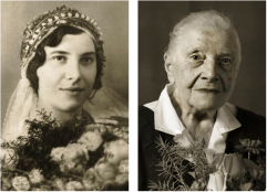 Marie Burešová, *1910, Karolínov on Kroměřížsko. On the left 23 years old (wedding), on the right 101 years old