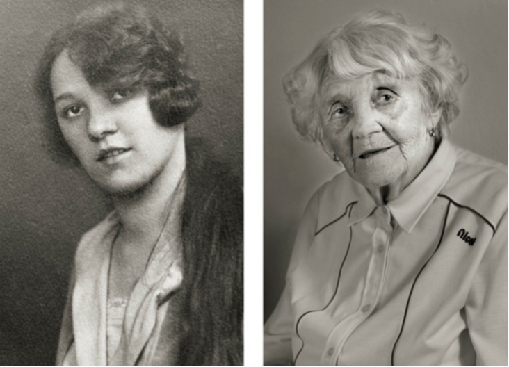 Vlasta Čížková, *1910 Panenské Břežany On the left 23 years old (finished girl high school), on the right 101 years old
